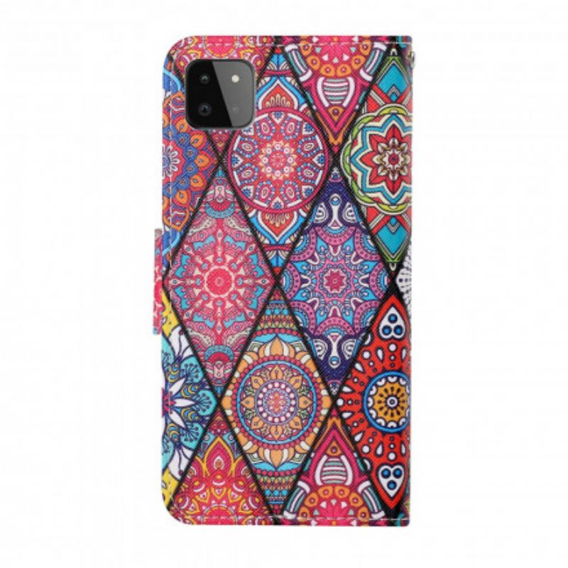 Capa Flip Para Samsung Galaxy A22 5G Patchwork Com Cordão
