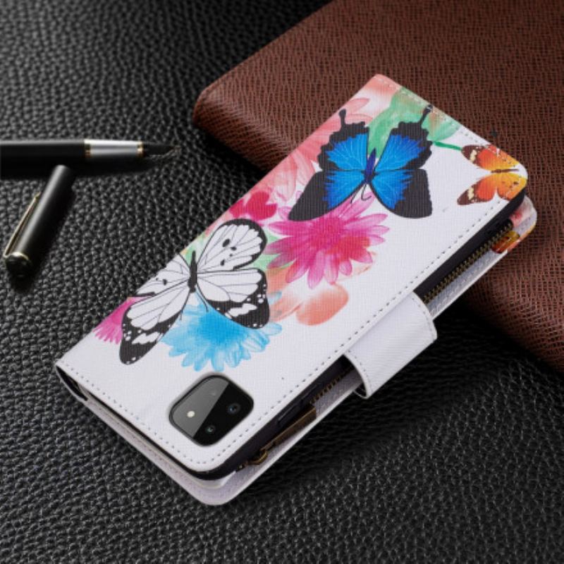 Capa Folio Para Samsung Galaxy A22 5G Bolso Com Zíper De Borboletas