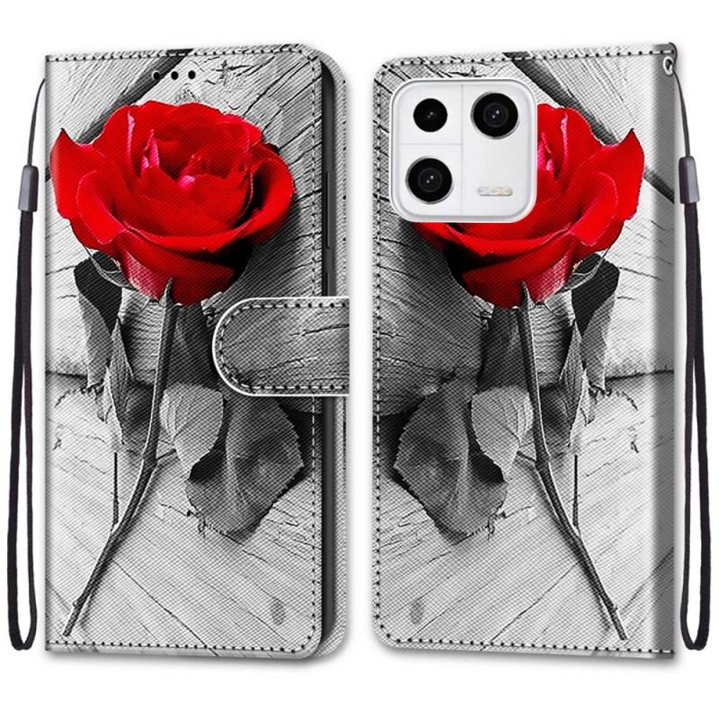 Capa De Couro Para Xiaomi 13 Floral Com Alça