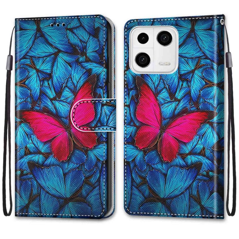 Capa Flip Para Xiaomi 13 Borboleta Vermelha Fundo Azul