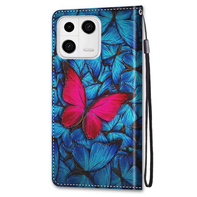 Capa Flip Para Xiaomi 13 Borboleta Vermelha Fundo Azul