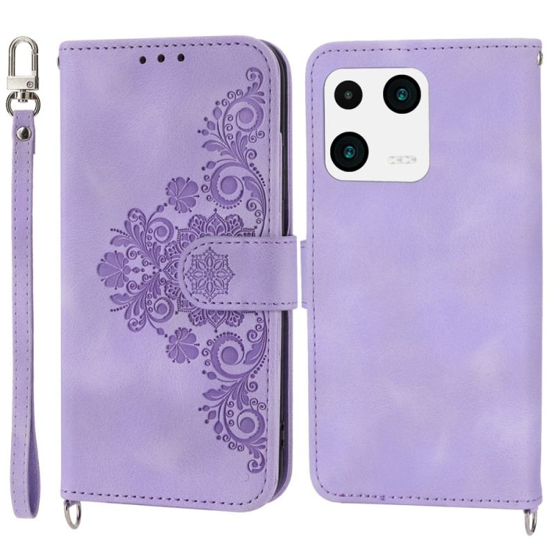 Capa Flip Para Xiaomi 13 Flores De Renda Com Alça E Alça De Ombro