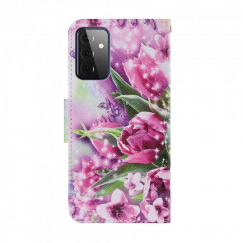 Capa Flip Para Samsung Galaxy A72 4G / A72 5G Borboletas E Tulipas