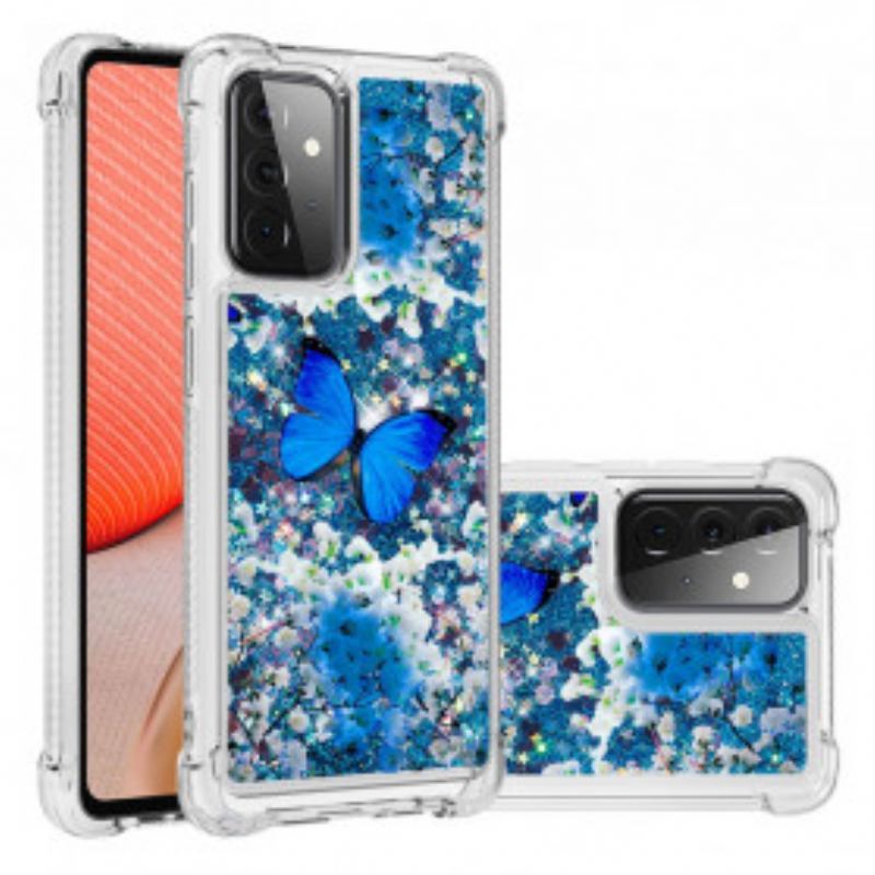 Capa Para Samsung Galaxy A72 4G / A72 5G Borboletas Azuis Brilhantes