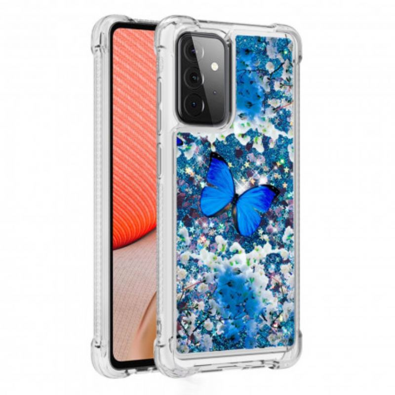 Capa Para Samsung Galaxy A72 4G / A72 5G Borboletas Azuis Brilhantes