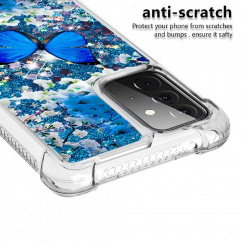 Capa Para Samsung Galaxy A72 4G / A72 5G Borboletas Azuis Brilhantes