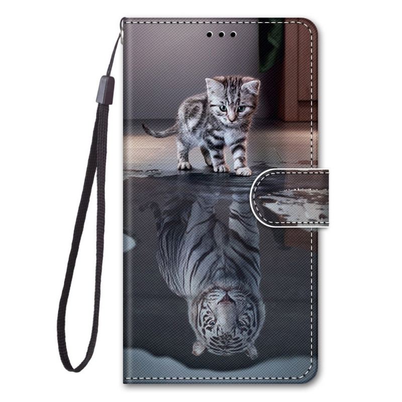 Capa Em Pele Para Samsung Galaxy M53 5G De Cordão Gatinho Cinza Com Alça