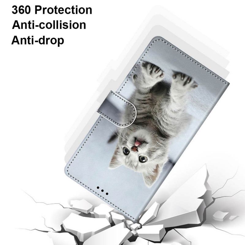 Capa Em Pele Para Samsung Galaxy M53 5G De Cordão Gatinho Cinza Com Alça