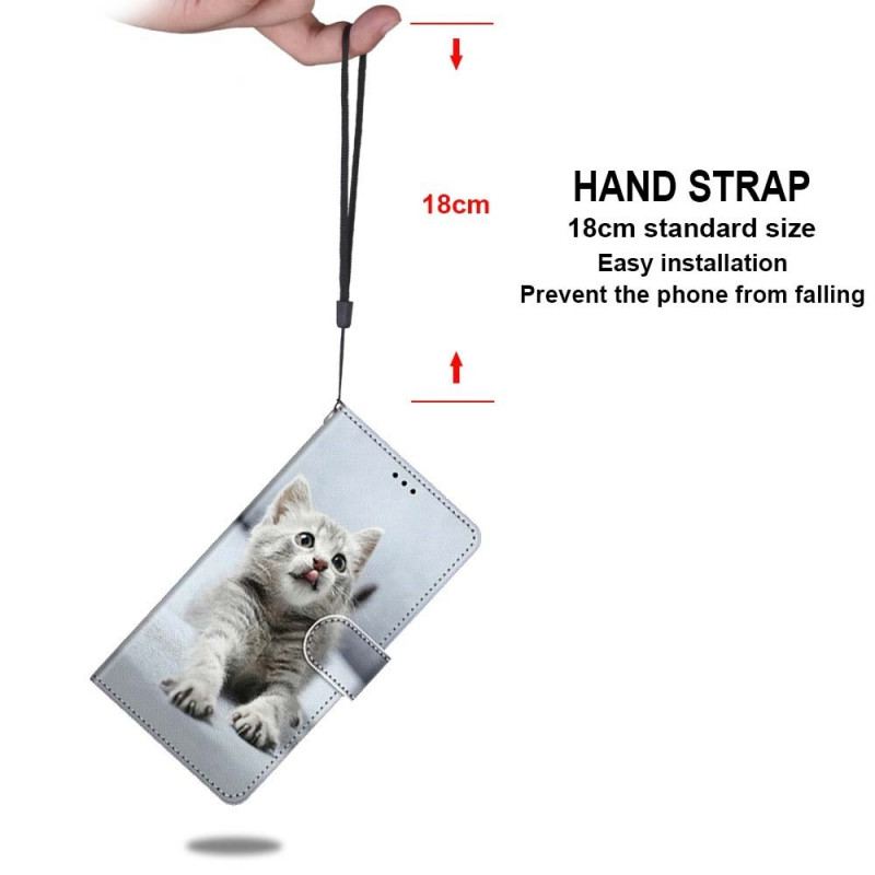Capa Em Pele Para Samsung Galaxy M53 5G De Cordão Gatinho Cinza Com Alça