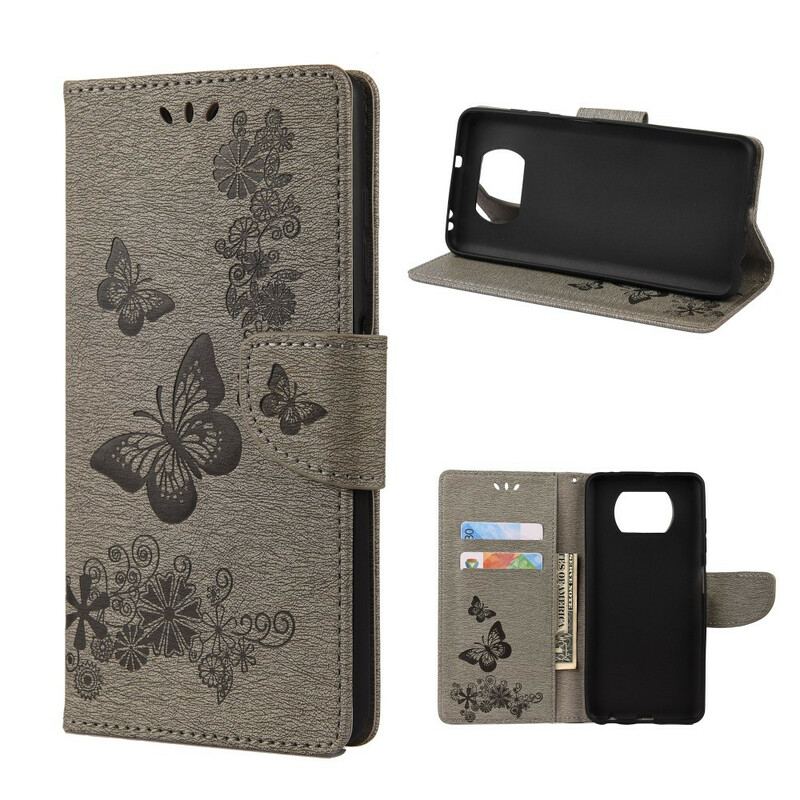 Capa De Couro Para Poco X3 / X3 Pro / X3 NFC Apenas Borboletas Com Cordão