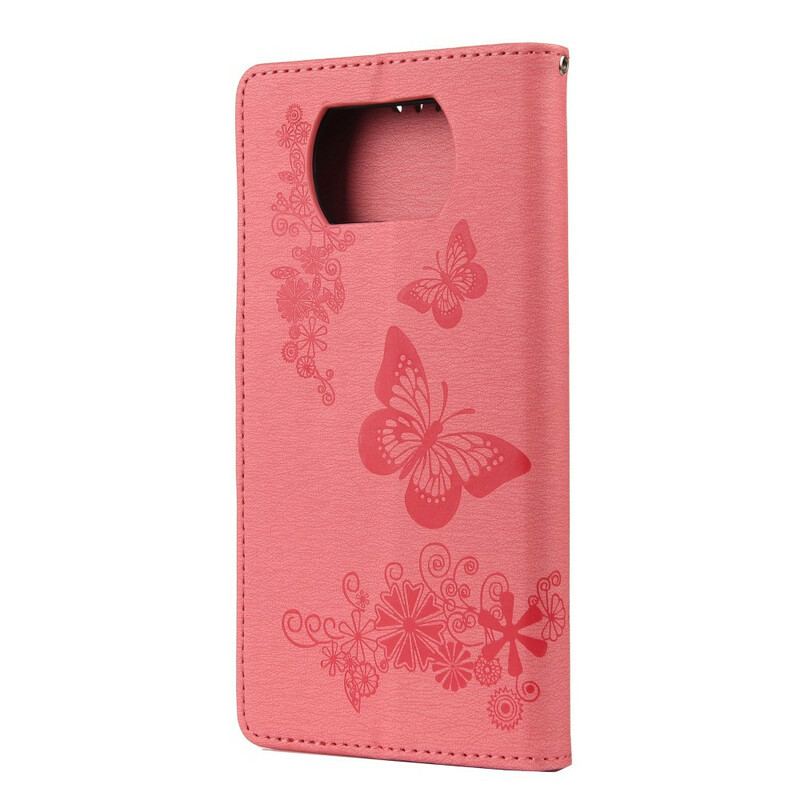Capa De Couro Para Poco X3 / X3 Pro / X3 NFC Apenas Borboletas Com Cordão