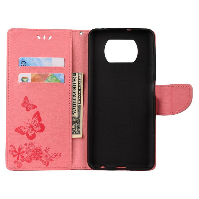 Capa De Couro Para Poco X3 / X3 Pro / X3 NFC Apenas Borboletas Com Cordão