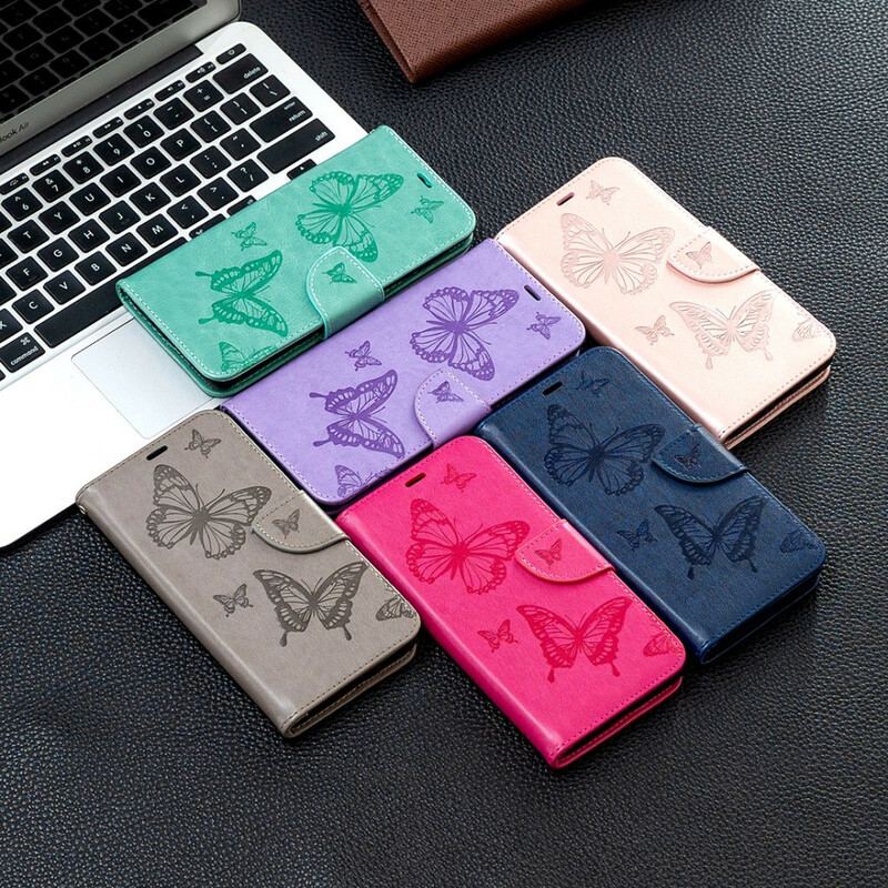 Capa De Couro Para Poco X3 / X3 Pro / X3 NFC De Cordão Strappy Estampado Borboletas