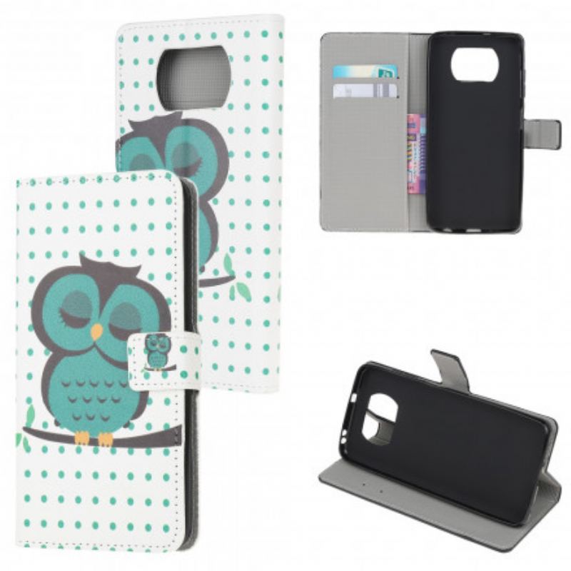 Capa De Couro Para Poco X3 / X3 Pro / X3 NFC Coruja Adormecida