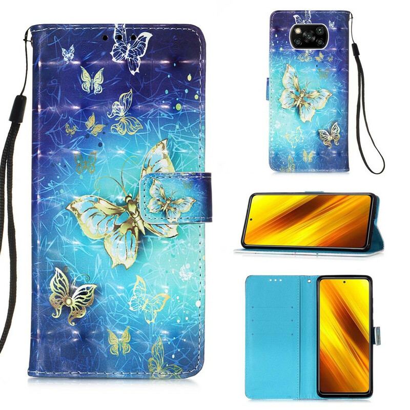 Capa Flip Para Poco X3 / X3 Pro / X3 NFC Borboletas Douradas