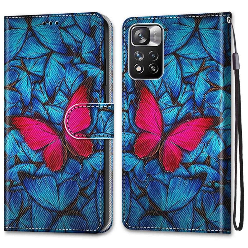 Capa De Couro Para Xiaomi Redmi Note 11 Pro Plus 5G Borboleta Vermelha Fundo Azul