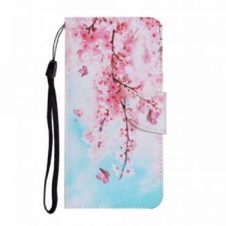 Capa De Couro Para Xiaomi Redmi Note 11 Pro Plus 5G De Cordão Ramos Vermelhos Com Alça