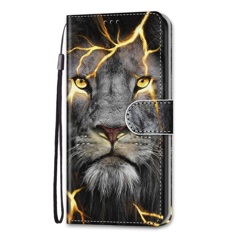 Capa Em Pele Para Xiaomi Redmi Note 11 Pro Plus 5G De Cordão Felino Em Chamas Com Alça