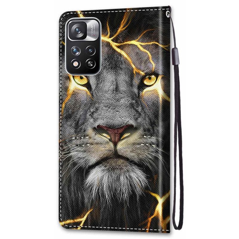 Capa Em Pele Para Xiaomi Redmi Note 11 Pro Plus 5G De Cordão Felino Em Chamas Com Alça