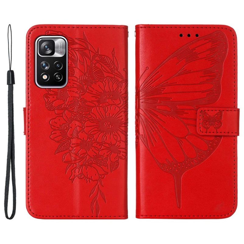 Capa Em Pele Para Xiaomi Redmi Note 11 Pro Plus 5G Design De Borboleta Com Cordão