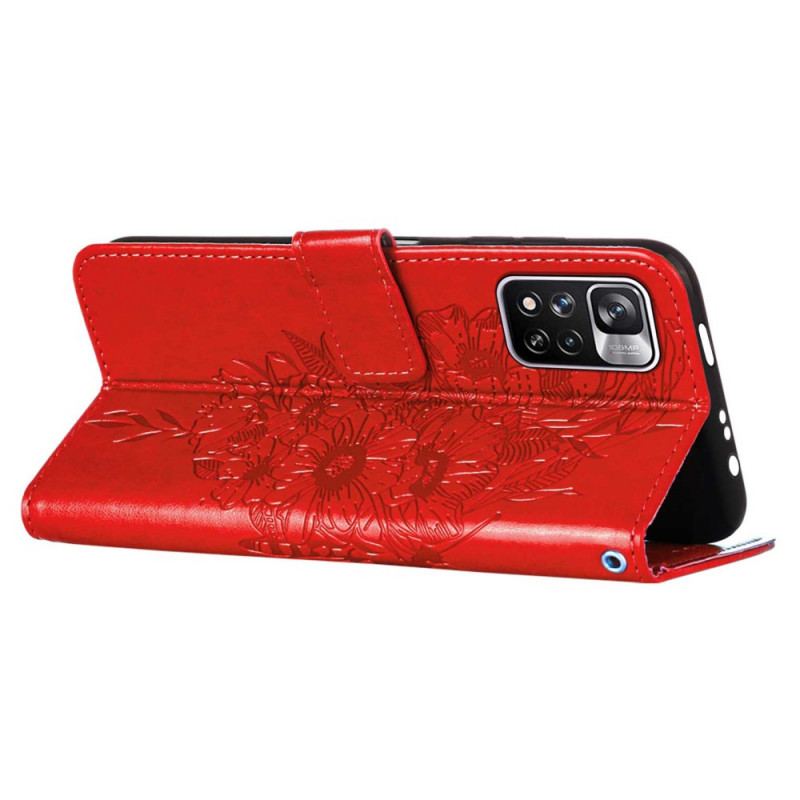 Capa Em Pele Para Xiaomi Redmi Note 11 Pro Plus 5G Design De Borboleta Com Cordão