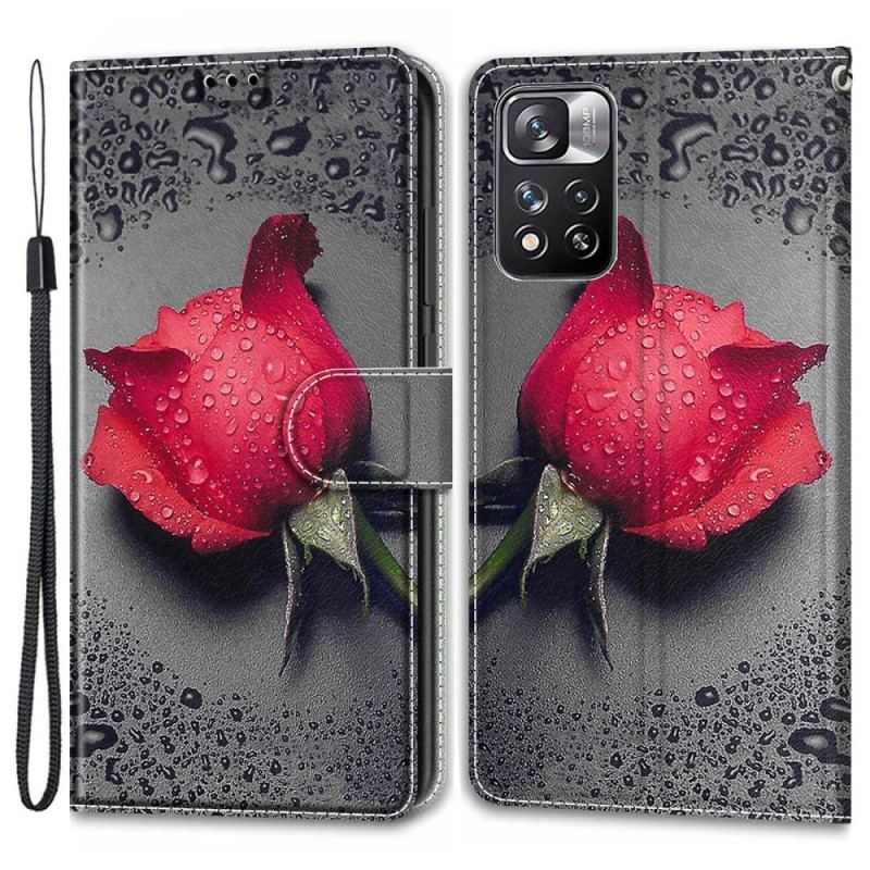 Capa Em Pele Para Xiaomi Redmi Note 11 Pro Plus 5G Rosas Com Cordão