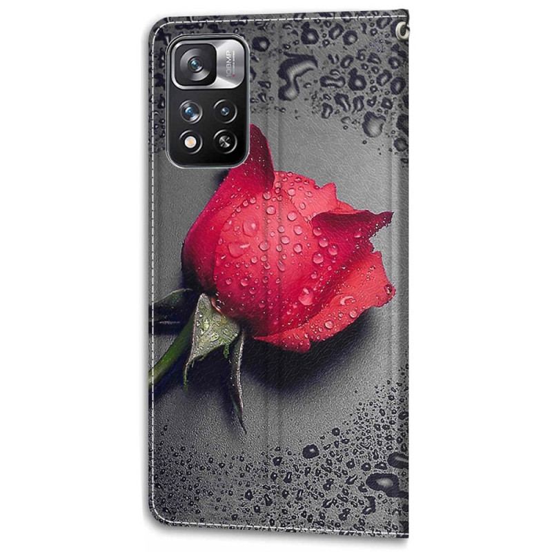 Capa Em Pele Para Xiaomi Redmi Note 11 Pro Plus 5G Rosas Com Cordão