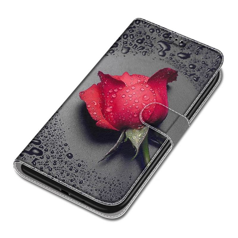 Capa Em Pele Para Xiaomi Redmi Note 11 Pro Plus 5G Rosas Com Cordão