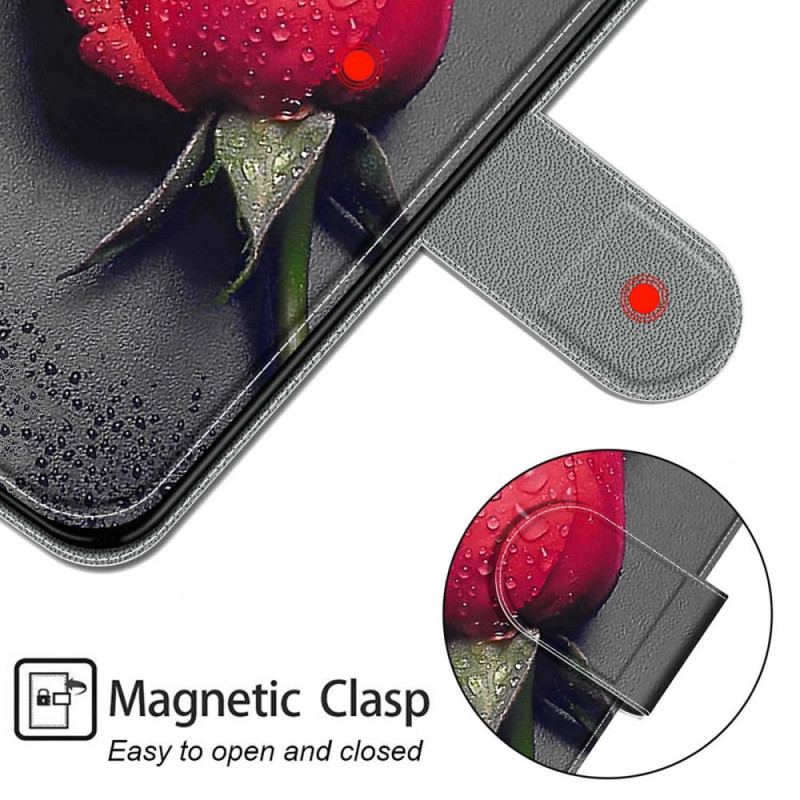 Capa Em Pele Para Xiaomi Redmi Note 11 Pro Plus 5G Rosas Com Cordão
