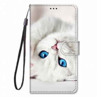 Capa Flip Para Xiaomi Redmi Note 11 Pro Plus 5G De Cordão Gato Branco Com Alça