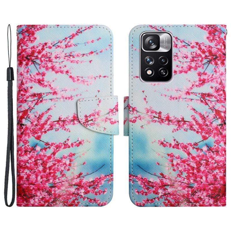 Capa Flip Para Xiaomi Redmi Note 11 Pro Plus 5G De Cordão Ramo Florido Com Alça