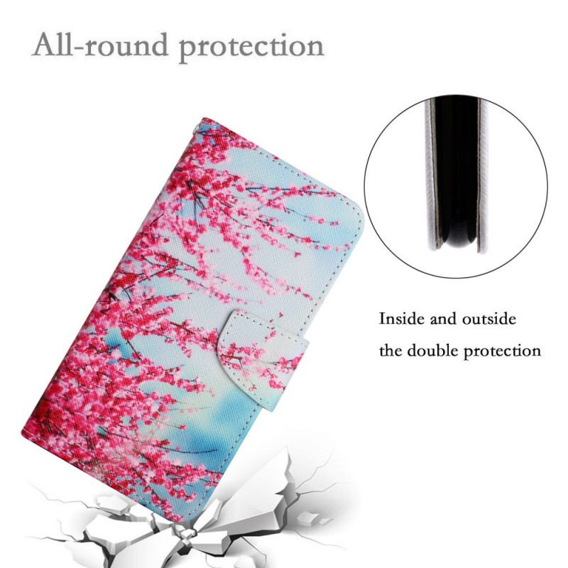 Capa Flip Para Xiaomi Redmi Note 11 Pro Plus 5G De Cordão Ramo Florido Com Alça
