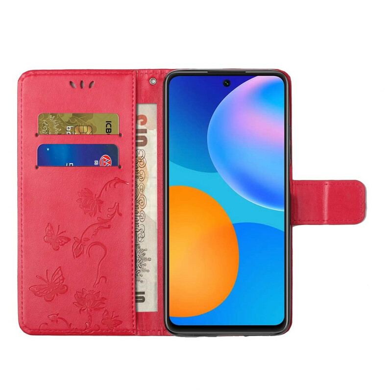 Capa Folio Para Honor 10X Lite De Cordão Tanga Borboletas E Flores