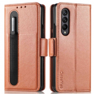 Capa Flip Para Samsung Galaxy Z Fold 4 Compartimento Para Caneta Litchi Couro Sintético Caseneo