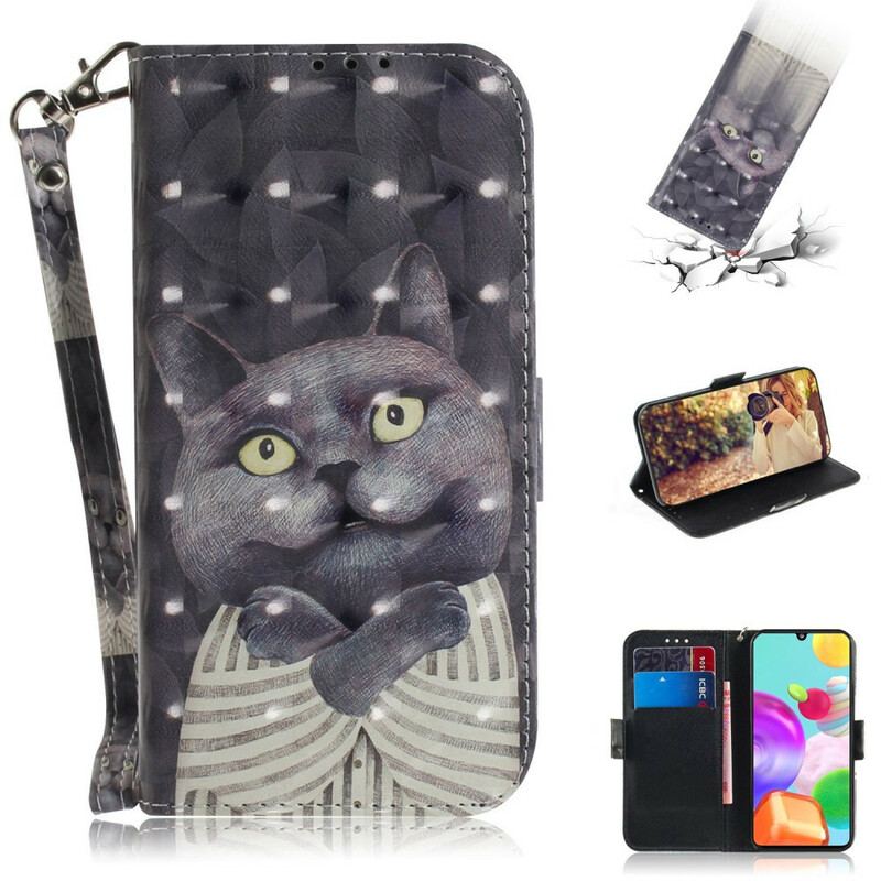 Capa Folio Para Samsung Galaxy A41 De Cordão Gato Cinzento Com Alça