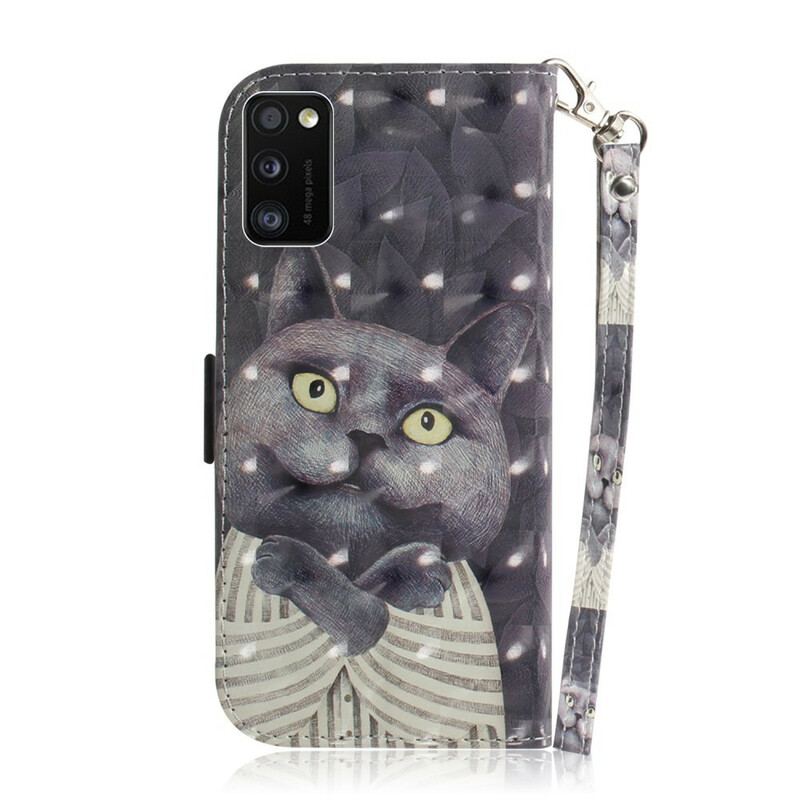 Capa Folio Para Samsung Galaxy A41 De Cordão Gato Cinzento Com Alça