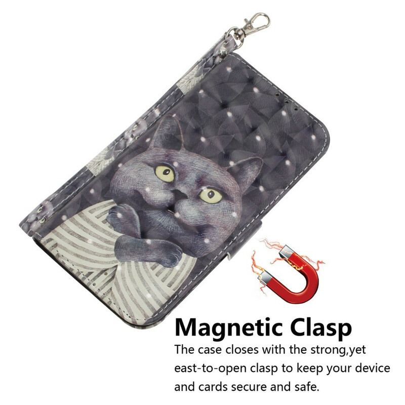 Capa Folio Para Samsung Galaxy A41 De Cordão Gato Cinzento Com Alça