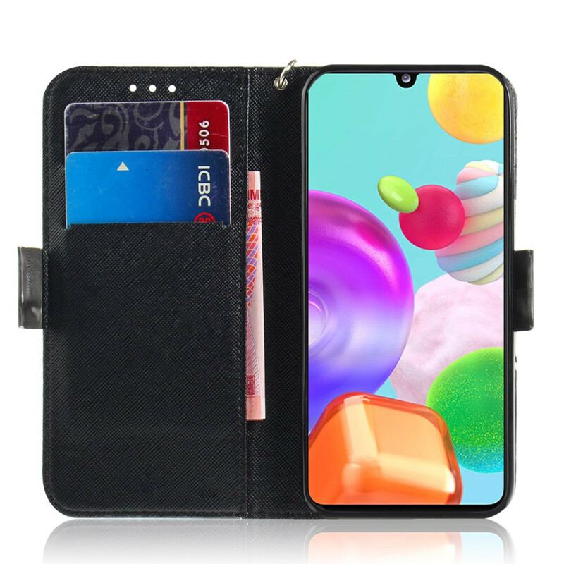 Capa Folio Para Samsung Galaxy A41 De Cordão Gato Cinzento Com Alça