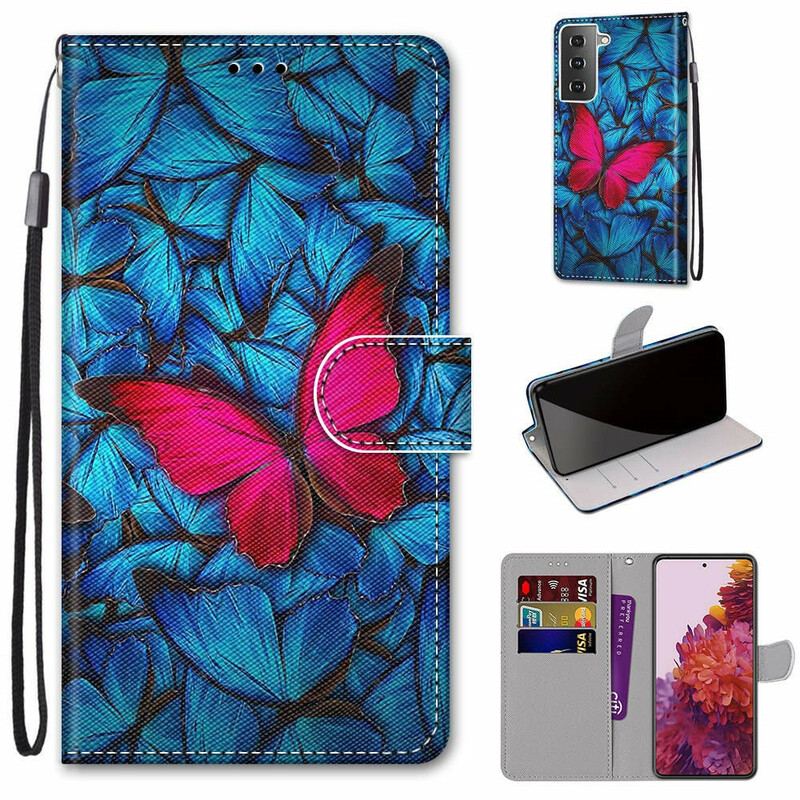Capa Em Pele Para Samsung Galaxy S21 5G Borboleta Vermelha Fundo Azul