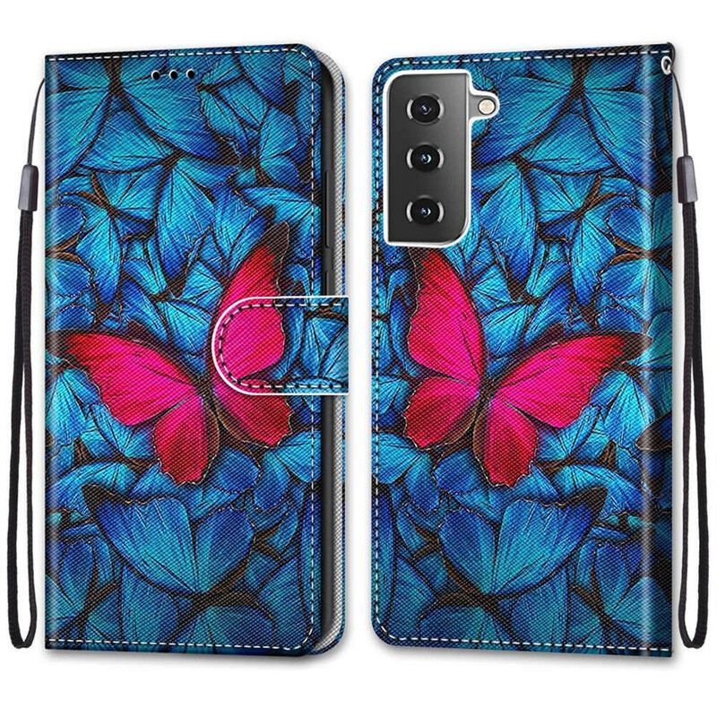 Capa Em Pele Para Samsung Galaxy S21 5G Borboleta Vermelha Fundo Azul