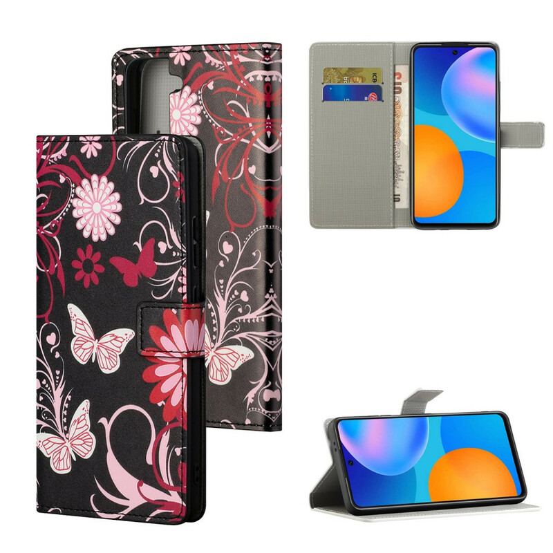 Capa Em Pele Para Samsung Galaxy S21 5G Borboletas E Flores