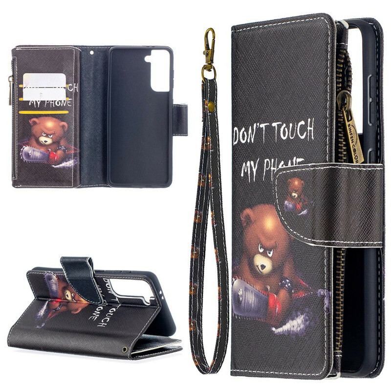 Capa Em Pele Para Samsung Galaxy S21 5G Urso De Bolso Com Zíper