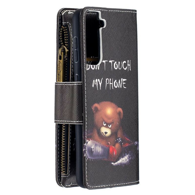 Capa Em Pele Para Samsung Galaxy S21 5G Urso De Bolso Com Zíper