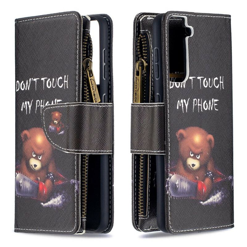 Capa Em Pele Para Samsung Galaxy S21 5G Urso De Bolso Com Zíper