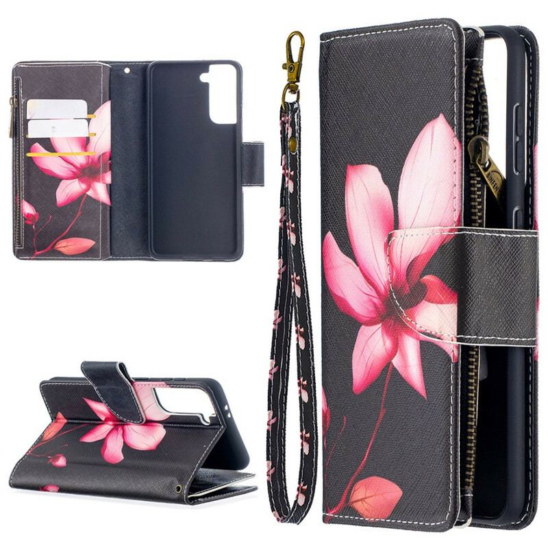 Capa Flip Para Samsung Galaxy S21 5G Bolso Com Zíper Flor