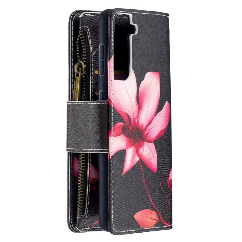 Capa Flip Para Samsung Galaxy S21 5G Bolso Com Zíper Flor
