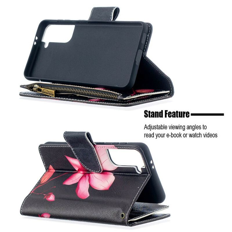 Capa Flip Para Samsung Galaxy S21 5G Bolso Com Zíper Flor