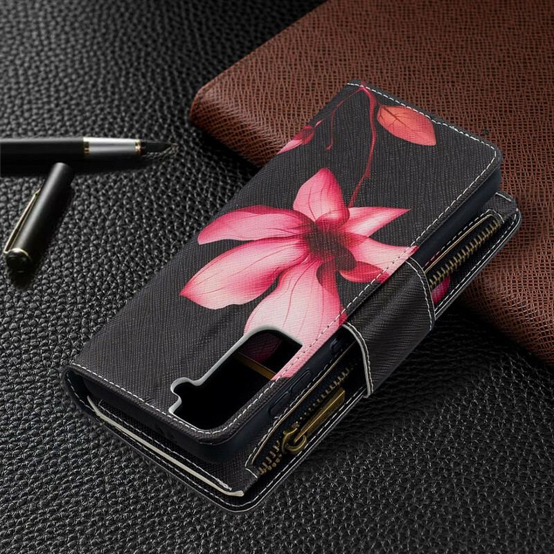 Capa Flip Para Samsung Galaxy S21 5G Bolso Com Zíper Flor