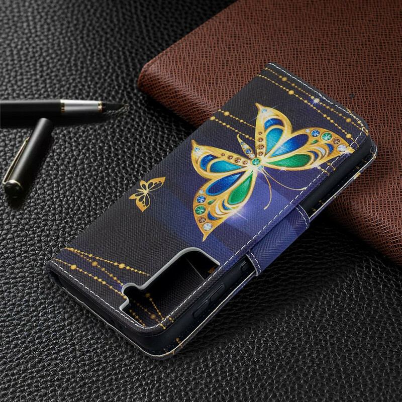 Capa Flip Para Samsung Galaxy S21 5G Borboletas Reis