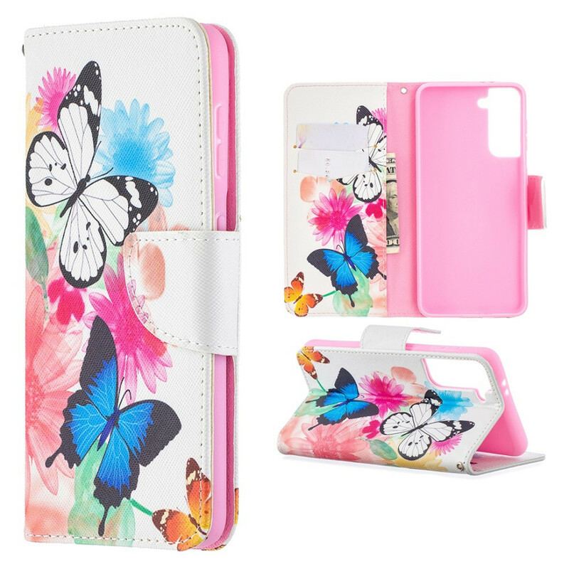 Capa Folio Para Samsung Galaxy S21 5G Borboletas E Flores Pintadas